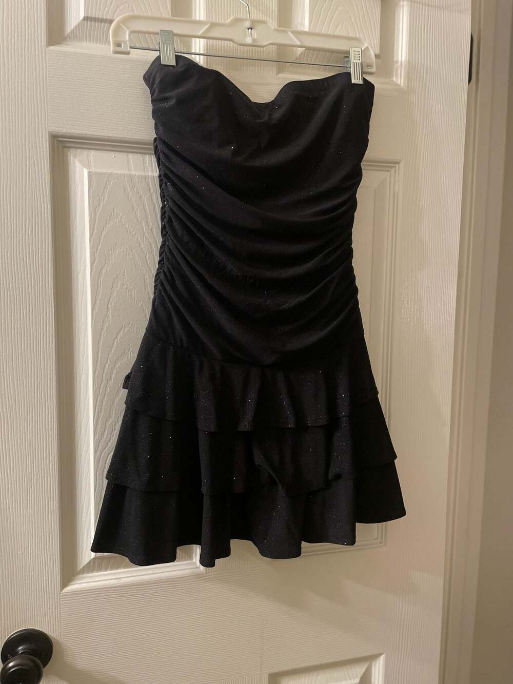 2 Medium Dresses Black Glitter Strapless Ruched Tiered Ruffle / long sleeve open